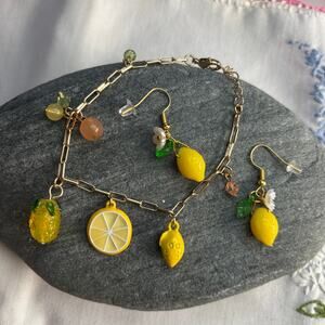 Lemon Charm Bracelet & Earrings Set NEW Charming Fruit Cute Darling Fruit salad